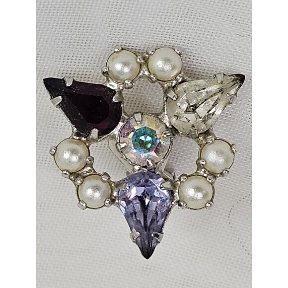 VINTAGE ESTATE JEWELRY SIGNED B DAVID FAUX PEARL RHINESTONE CLIP EARRINGS - Picture 2 of 7